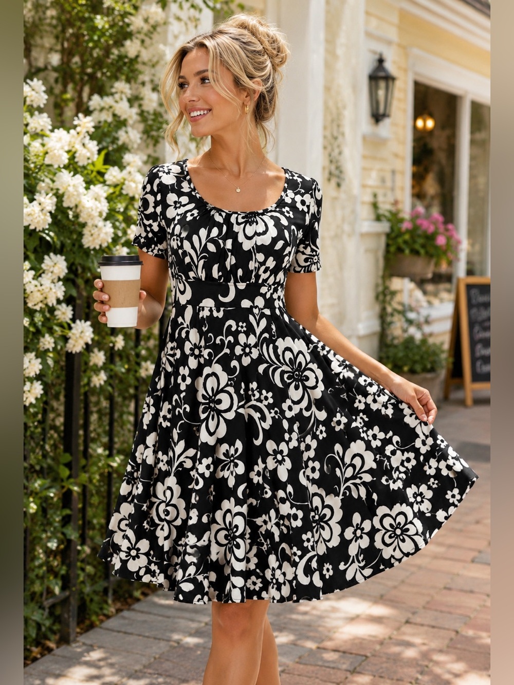 Charlotte Russe Black White Floral Fit & Flare Dress M | Teacher Church Brunch